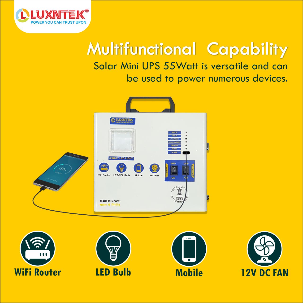 Multifunctional solar mini UPS with WiFi router, LED light and mobile charging support