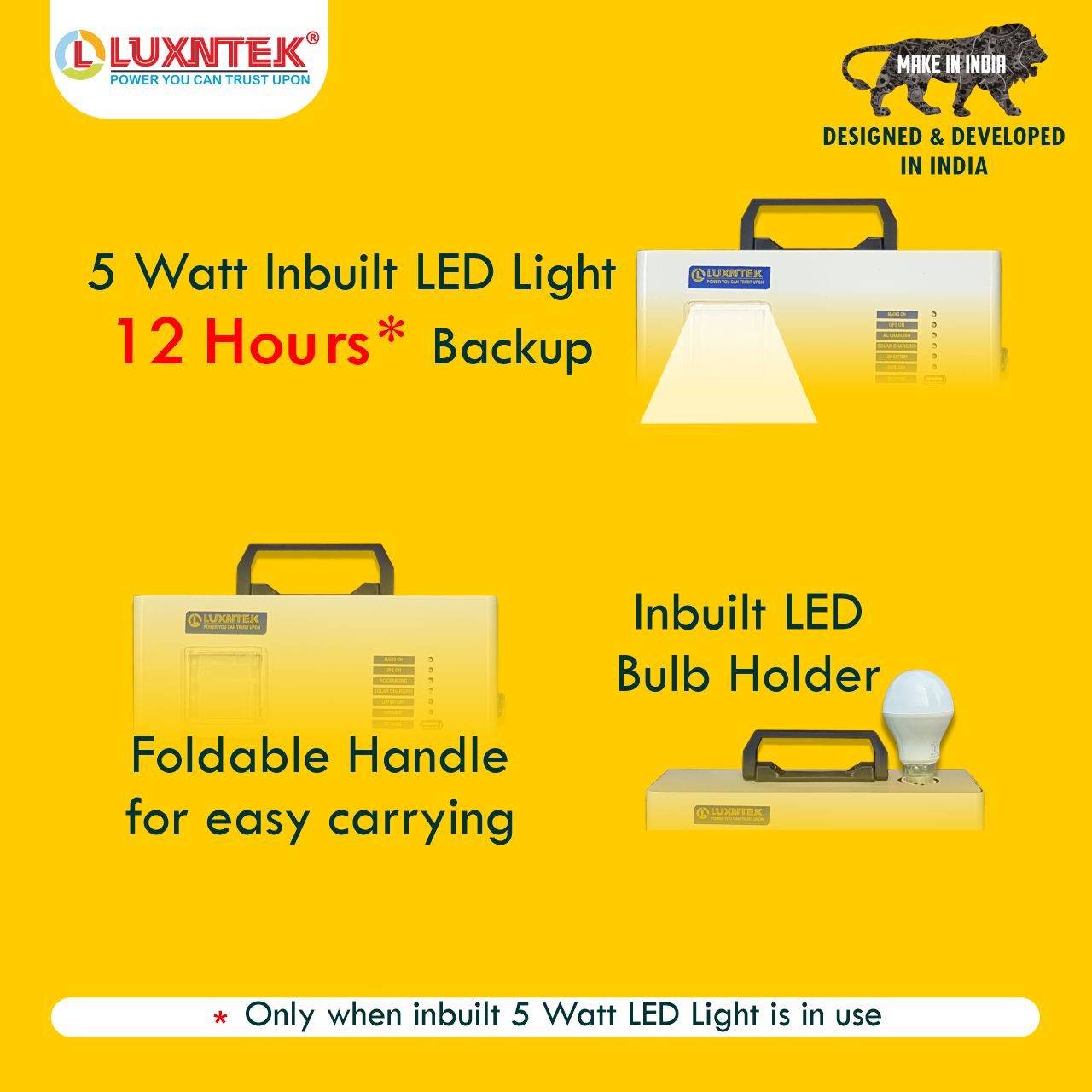 55W solar UPS with LED bulb backup, foldable handle and portable charging design