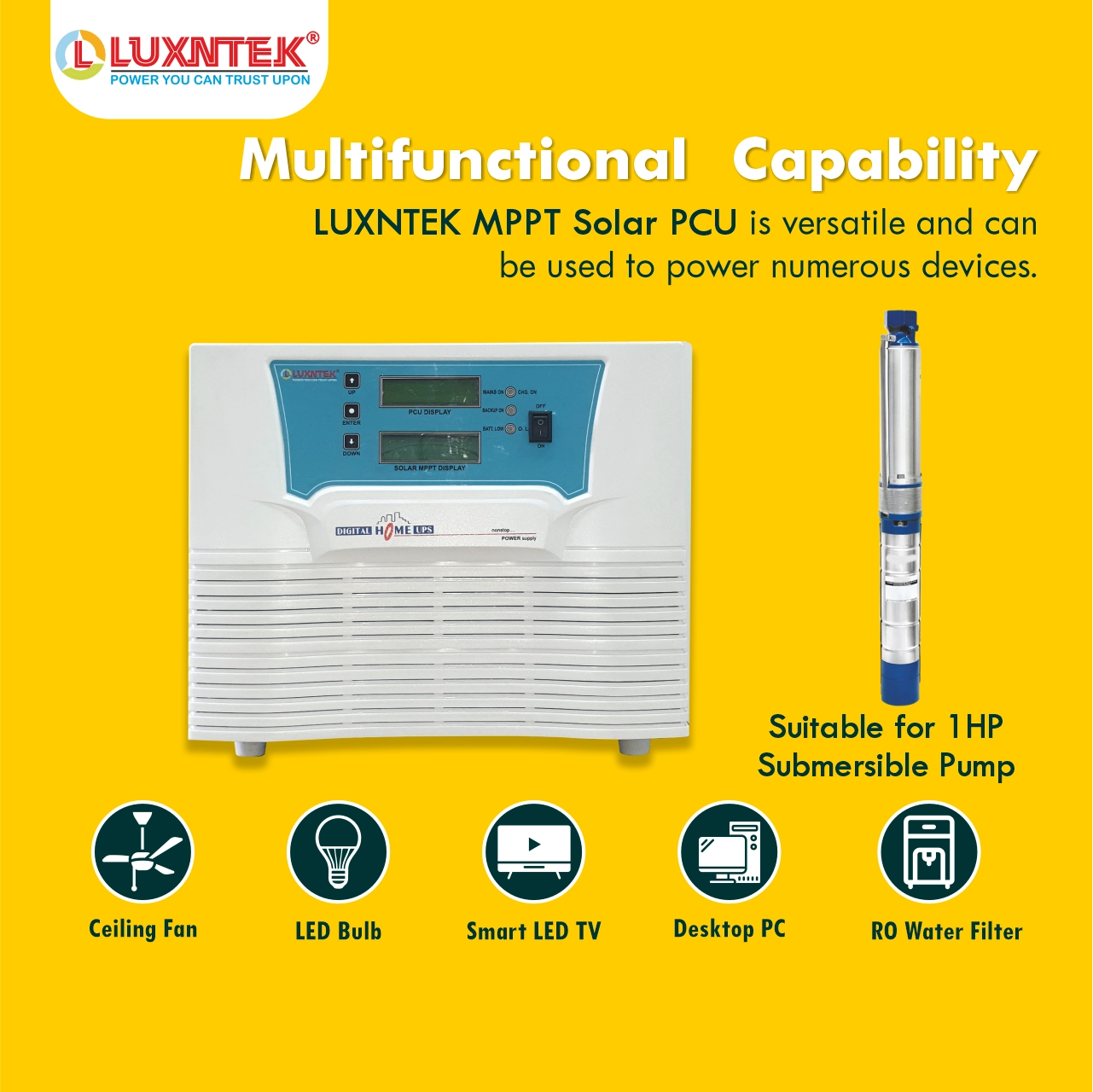 Bottom view Luxntek Solar MPPT PCU 1kW 12V inverter