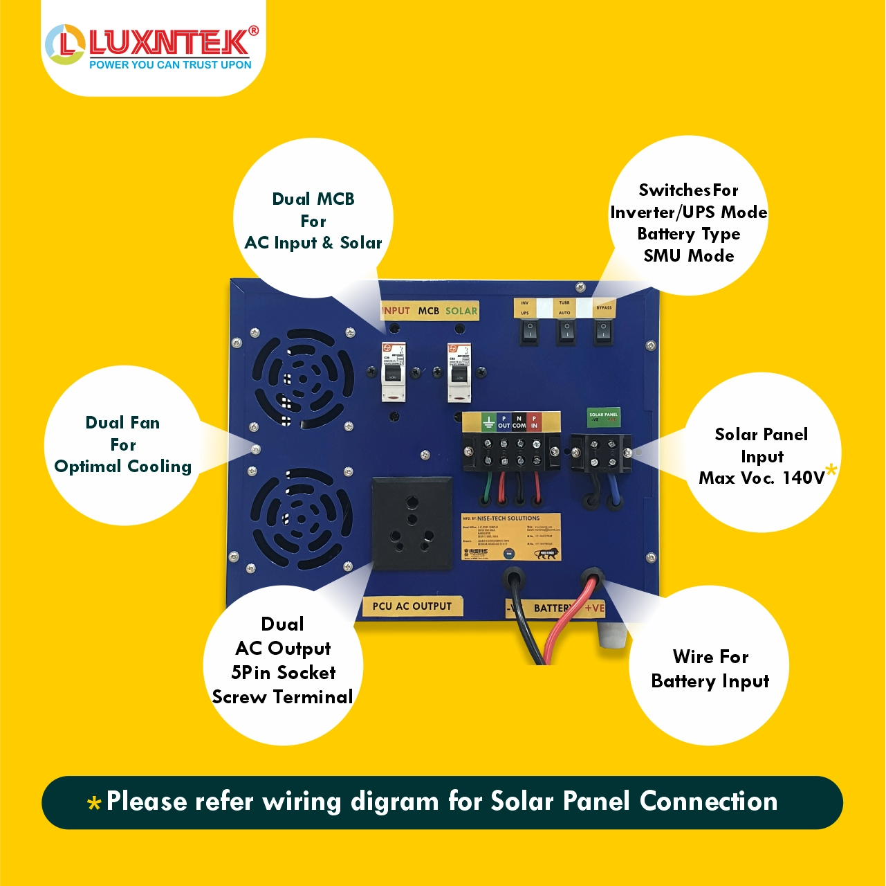 Back details Luxntek Solar MPPT PCU 1kW 12V inverter