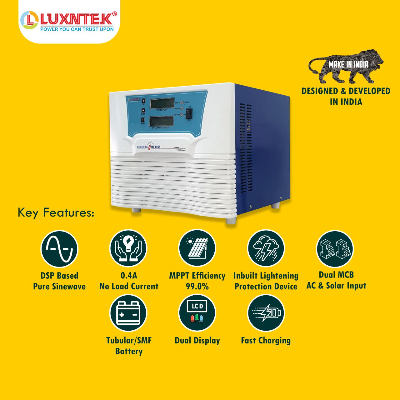 Luxntek Solar MPPT PCU 1kW 12V inverter key features