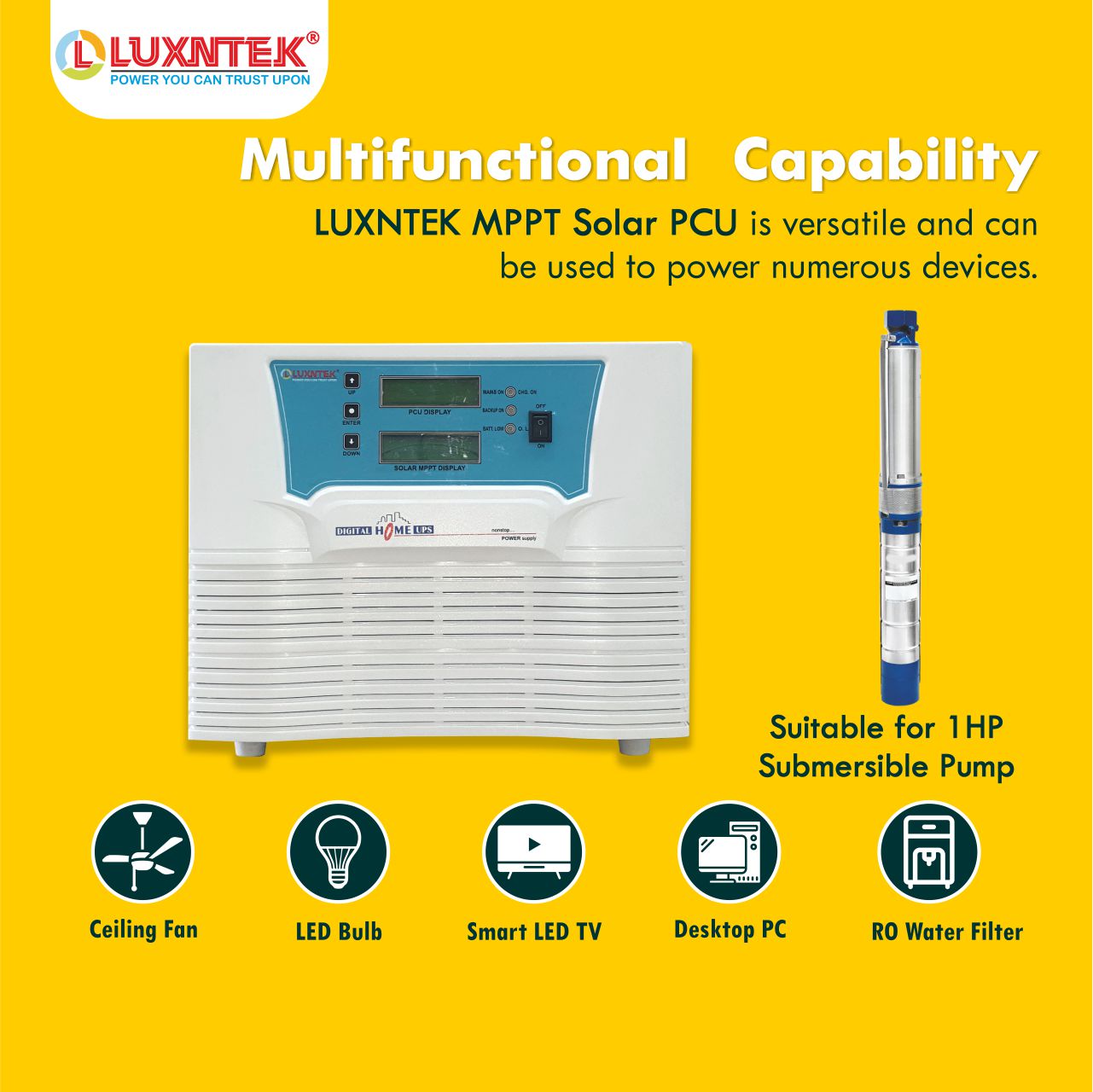 Bottom view Luxntek Solar MPPT PCU 2kW 24V inverter