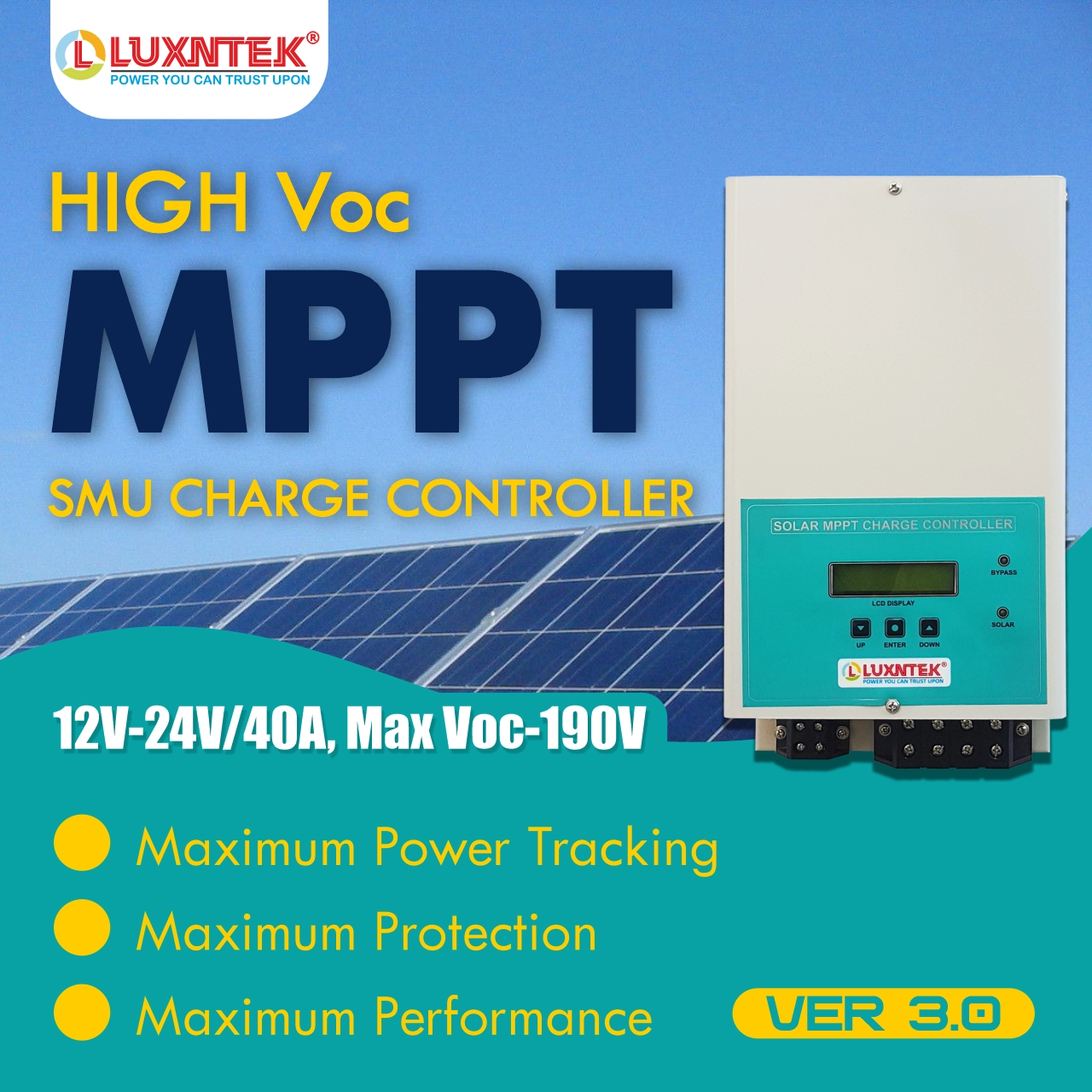 Luxntek High Voc MPPT Solar Charge Controller feature highlights maximum power tracking and high efficiency